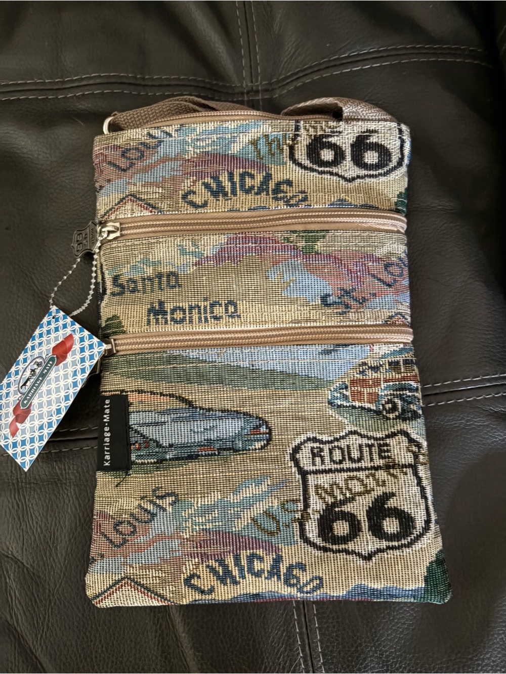 Route 66 Tapestry Crossbody Bag in Beige, Brown, Blue, Green
